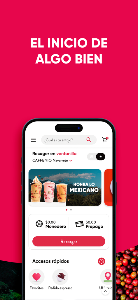 O painel do aplicativo móvel CAFFENIO apresentando opções de pedido de café e saldo da carteira digital