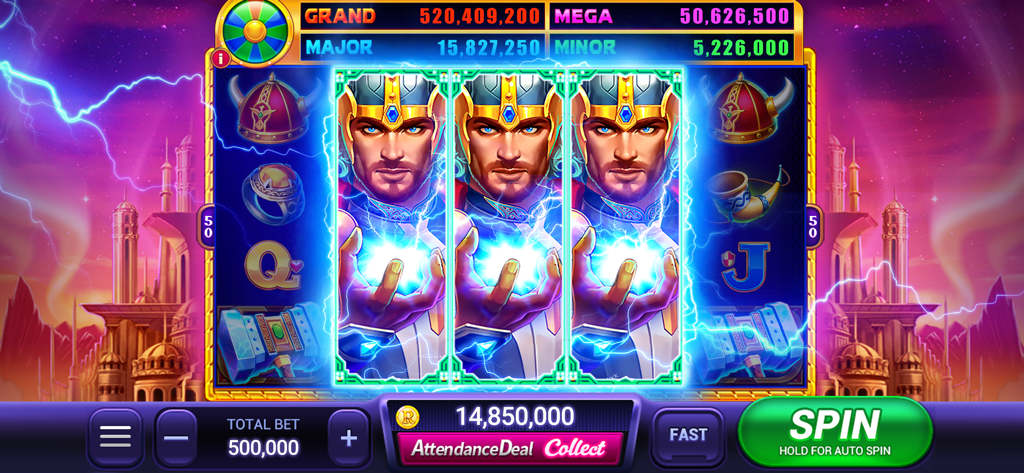 Rock N Cash Casino Viking themed slot machine with lightning effects and big win symbols