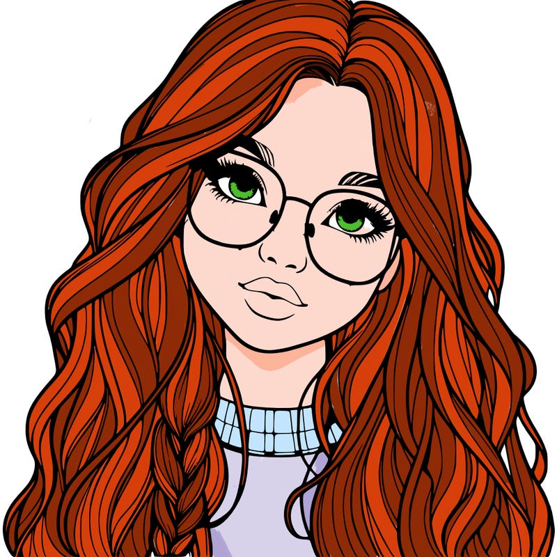 girl with long hair and freckles and glasses realistic