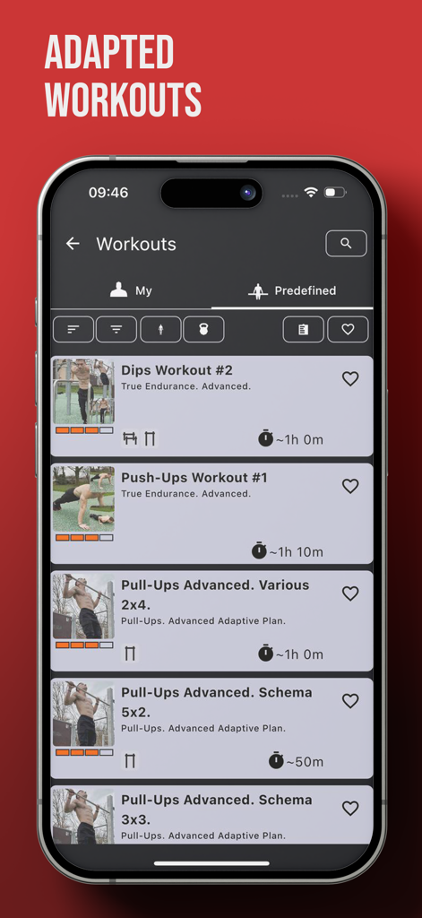True Trainer - True Trainer app screen showing a list of adapted calisthenics workouts including dips and pull ups