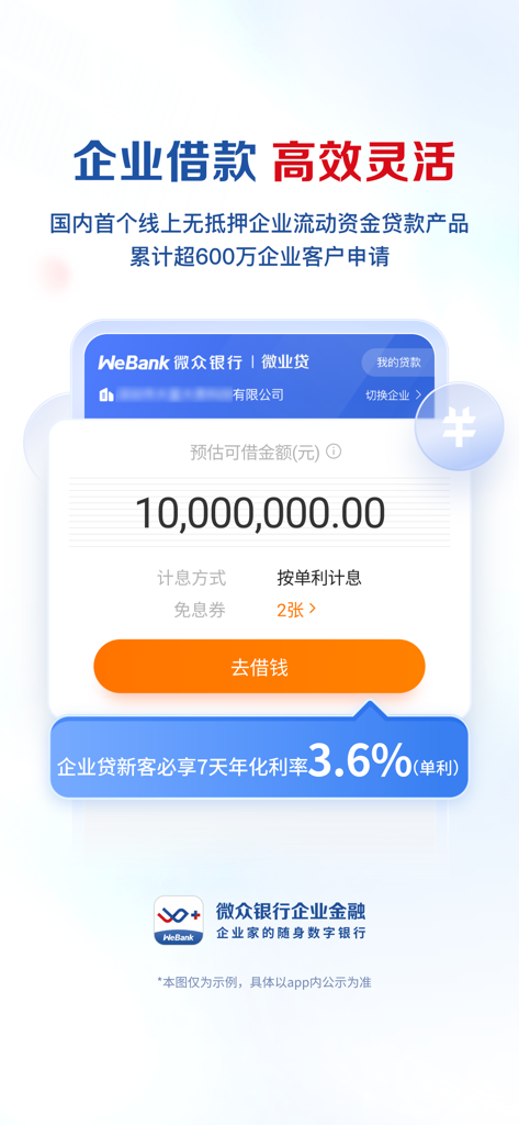 微众银行企业金融 - WeBank 기업 금융 앱 인터페이스로 1천만 위안의 대출 한도와 3.6%의 이자율 프로모션을 보여줍니다.