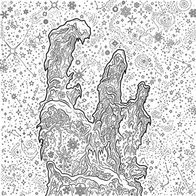 Explore the stunning blend of cosmic wonders and winter magic with this unique coloring page. The iconic Pillars of Creation are reimagined as celestial ice formations, ready for your creative touch.