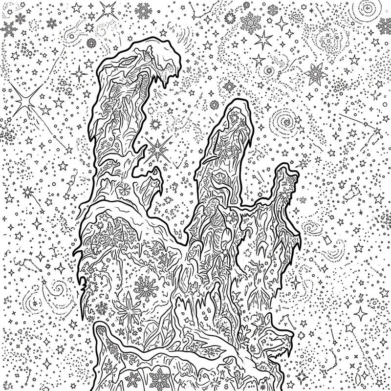 Explore the stunning blend of cosmic wonders and winter magic with this unique coloring page. The iconic Pillars of Creation are reimagined as celestial ice formations, ready for your creative touch.