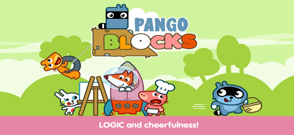 Pango Blocks app main screen showing colorful animal characters and the game title in a cheerful landscape