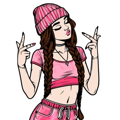 realistic teenage girl with braids and a beanie and crop top doing 🫶🏼