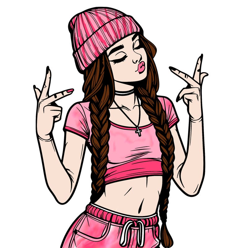 realistic teenage girl with braids and a beanie and crop top doing 🫶🏼