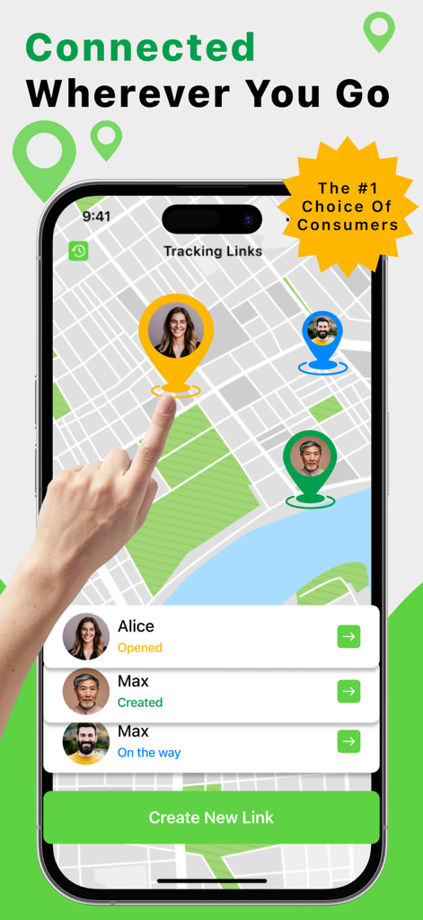 Mobile screen of GeoSafe app displaying team locations on a map with tracking links