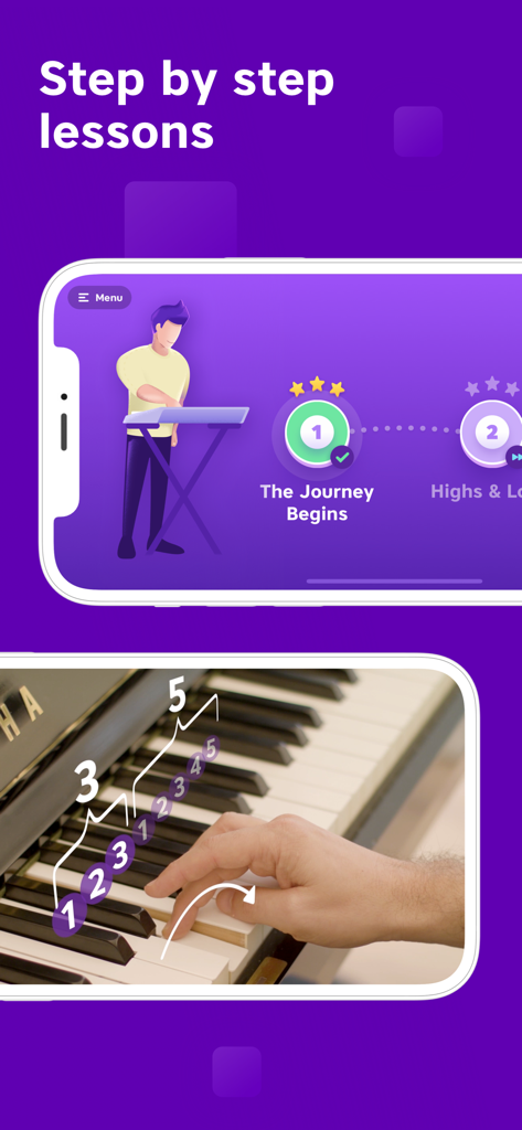 Piano Academy by Yokee Music - Smartphone screen displaying a piano lesson path and a video demonstration of finger placement on a keyboard.