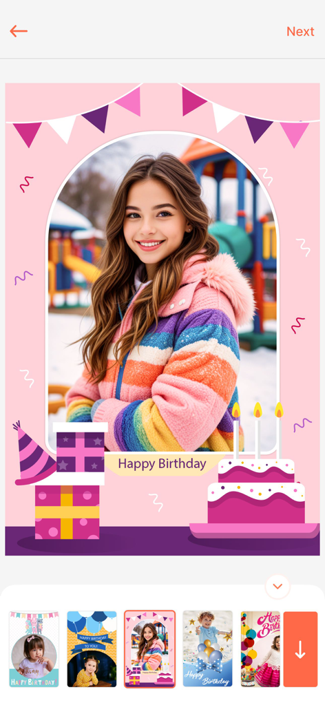 Birthday Photo Frame & Editor - Interfaz de la aplicación Marco y Editor de Fotos de Cumpleaños mostrando la foto de una mujer dentro de un marco festivo rosa con un pastel y regalos.