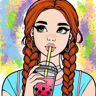 realistic girl with braided hair drinking boba