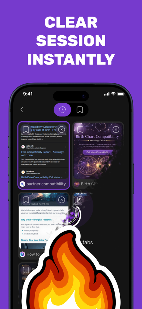 Interface du Navigateur Web Privé TOR montrant la fonction d'effacement de session avec un aperçu des onglets et une icône de flamme.