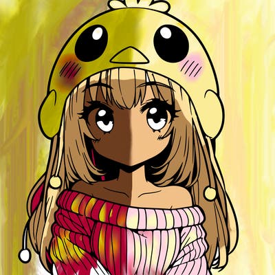 anime girl with chick shaped hat with sweater with bare shoulders with bangs covering them one eye with low tail
