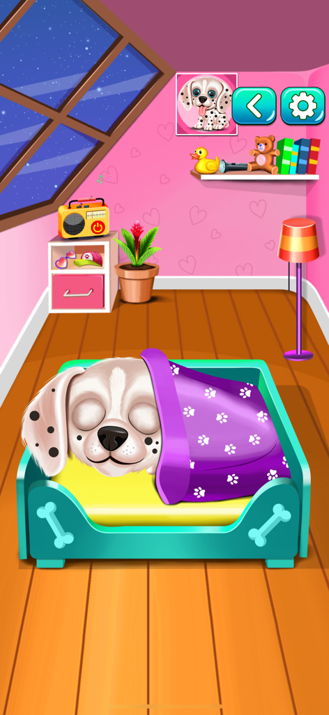 My Puppy Daycare Salon - Niedlicher Welpe, der nachts in einem gemütlichen Bett in einem rosa Zimmer schläft