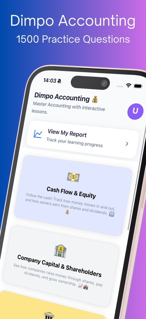 Accounting CPA Quiz Game - Interfaz de aplicación móvil para Accounting CPA Quiz Game que muestra módulos de aprendizaje para Flujo de Efectivo y Capital de la Empresa.