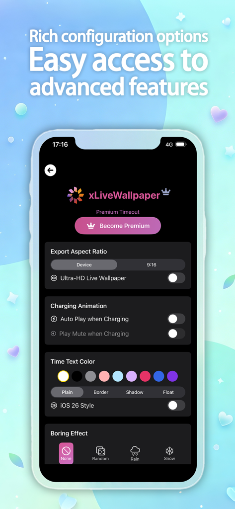 xLiveWallpaper - Video to Live - Smartphone screen showing advanced settings for xLiveWallpaper including charging animations and time text color customization