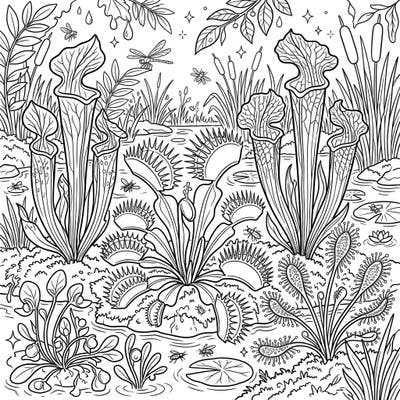 Delve into the captivating world of wetland carnivorous plants with this beautifully detailed coloring page. Discover the intricate beauty of pitcher plants, Venus flytraps, and sundews amidst their natural marshy habitat.