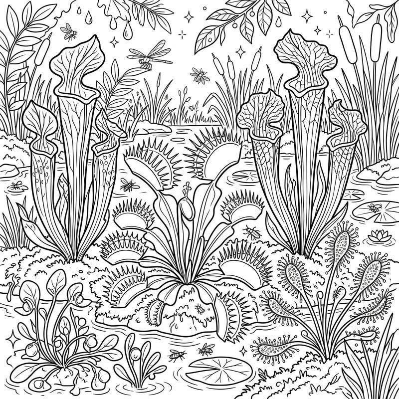 Delve into the captivating world of wetland carnivorous plants with this beautifully detailed coloring page. Discover the intricate beauty of pitcher plants, Venus flytraps, and sundews amidst their natural marshy habitat.
