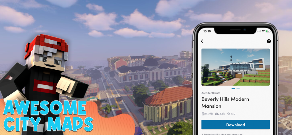 Modern Houses for Minecraft PE - Application Maisons modernes pour Minecraft PE montrant une carte de manoir de Beverly Hills et des constructions de ville