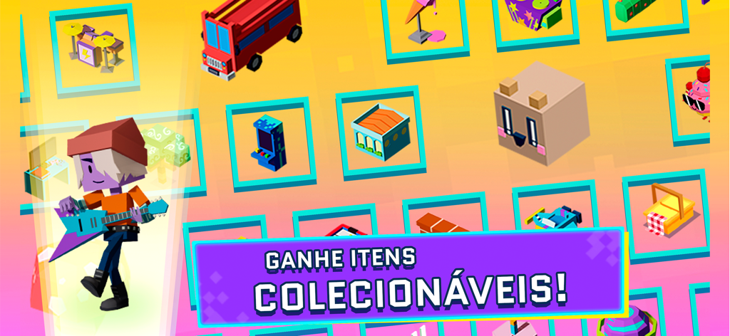 Geppetto 2 - Geppetto 2 app screen showing various 3D voxel collectible items and a character playing guitar