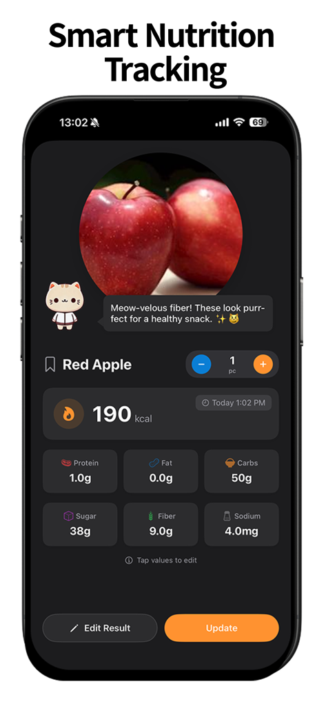 CalLab: Photo Calorie Counter - CalLab app interface showing AI analysis of red apples with calorie count and nutrient breakdown alongside Dr. Paw-lorie mascot