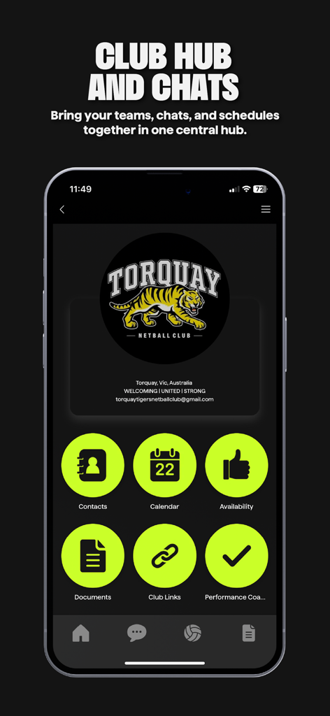 NetHub App - The NetHub app's Club Hub screen showing management features for a netball team including calendar, contacts, and performance coaching