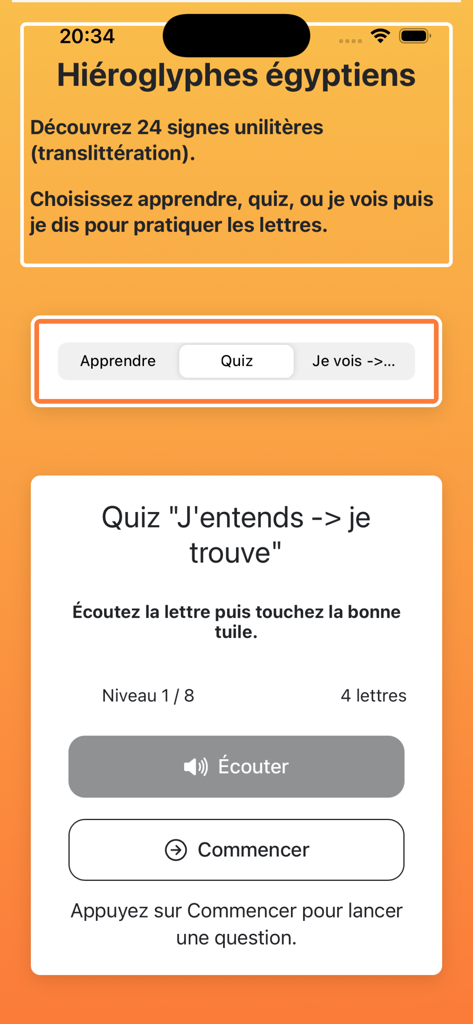 Una pantalla de cuestionario para aprender jeroglíficos egipcios en una aplicación educativa para niños.