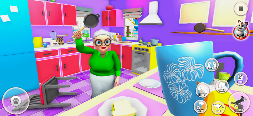Annoying Pet Game 3D - Un gato travieso causa caos en una colorida cocina 3D mientras una abuela enfadada sostiene una sartén