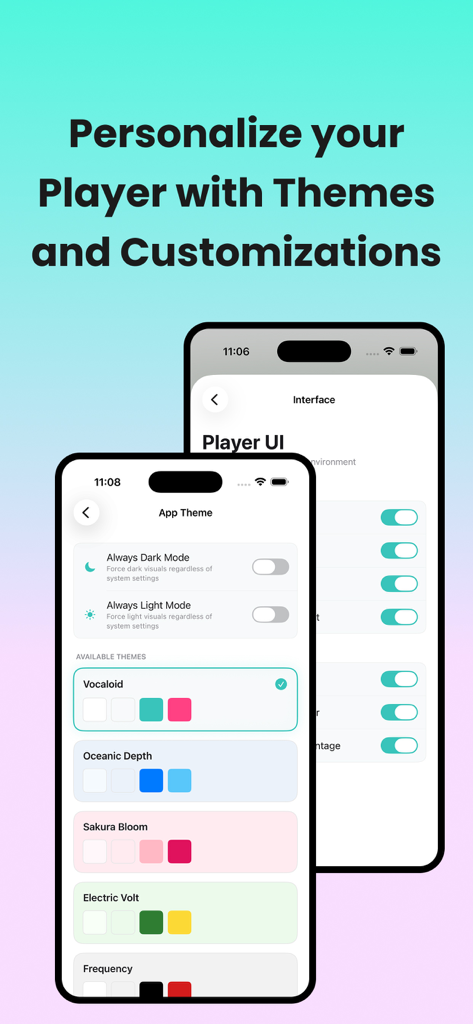 OS-39: Offline Music Player - Screen showing the App Theme settings for OS-39 with options like Vocaloid and Sakura Bloom for personalization.
