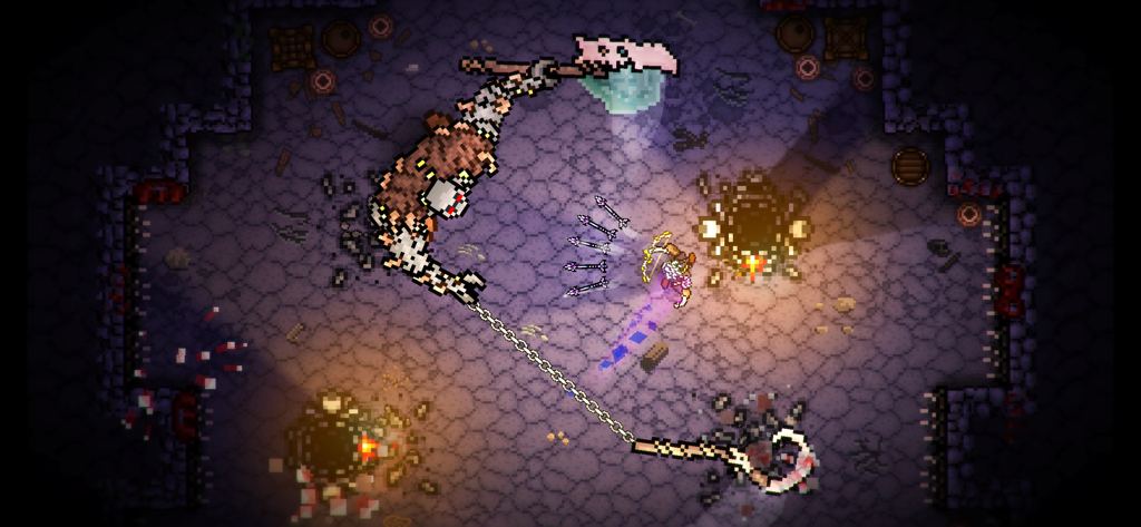 Jugabilidad en pixel art mostrando a un arquero luchando contra un jefe esquelético gigante en una mazmorra oscura