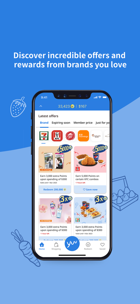 yuu HK & Macau - A screenshot of the yuu HK and Macau app interface showing various brand rewards and point offers
