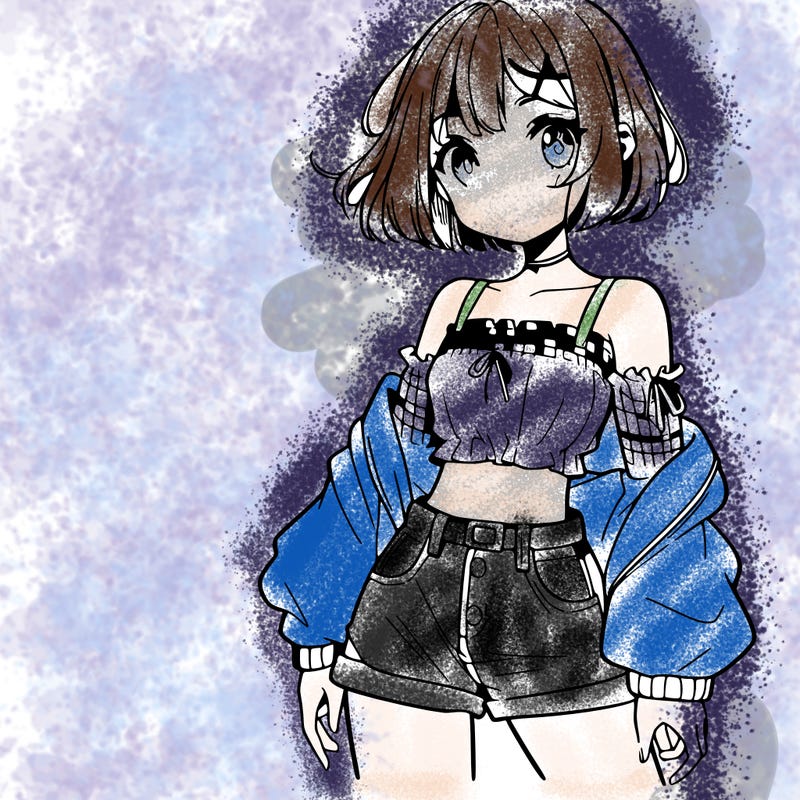 anime girl with mini shorts and a crop top and short hair