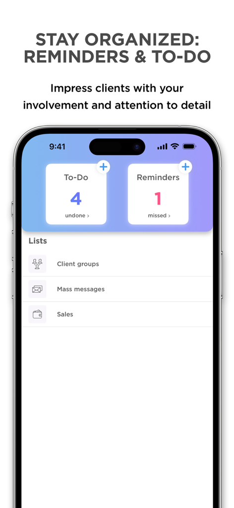 Dashboard of the Clients CRM app showing task counters for to-do items and reminders