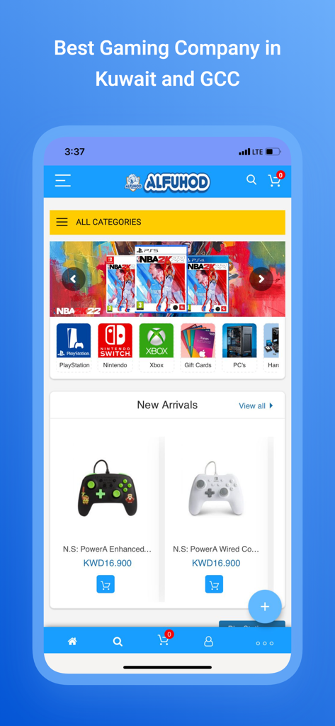 Alfuhod - The home screen of the Alfuhod gaming app displaying various console categories and new gaming controllers for sale.