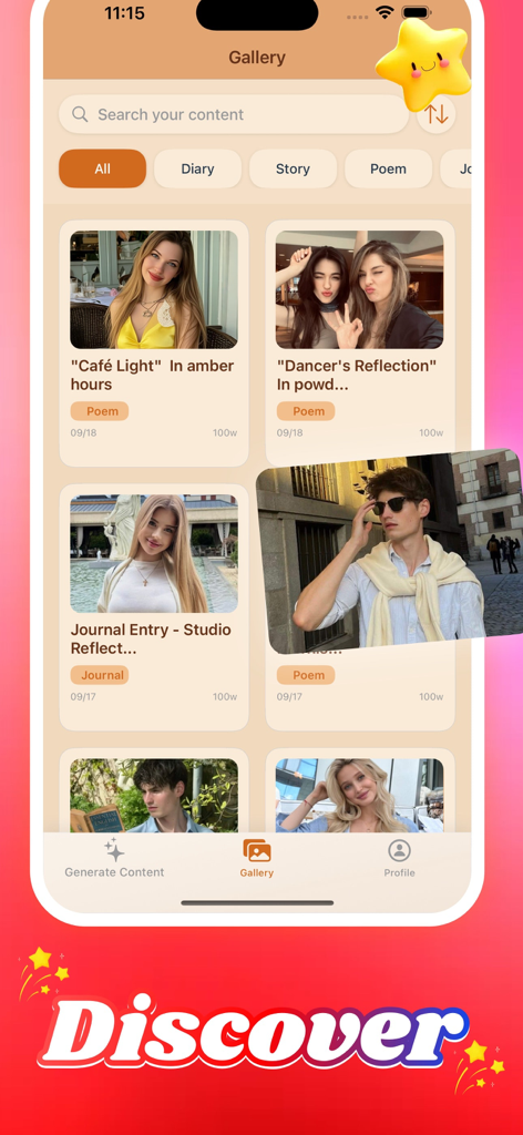 Peego - Peego app gallery interface displaying aesthetic photos with AI generated poems and journal entries