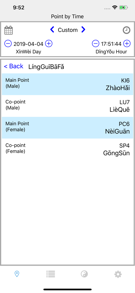 Chrono-Acupuncture - Chrono-Acupuncture app showing LingGuiBaFa method results for male and female acupuncture points based on a specific time.