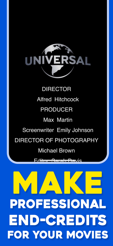 Professional movie end credits roll titles with studio logo and cast names