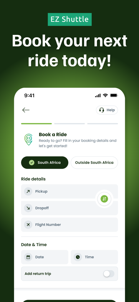 EZ Shuttle App-Oberfläche, die das Buchungsformular für professionelle Transfers und Shuttle-Dienste anzeigt