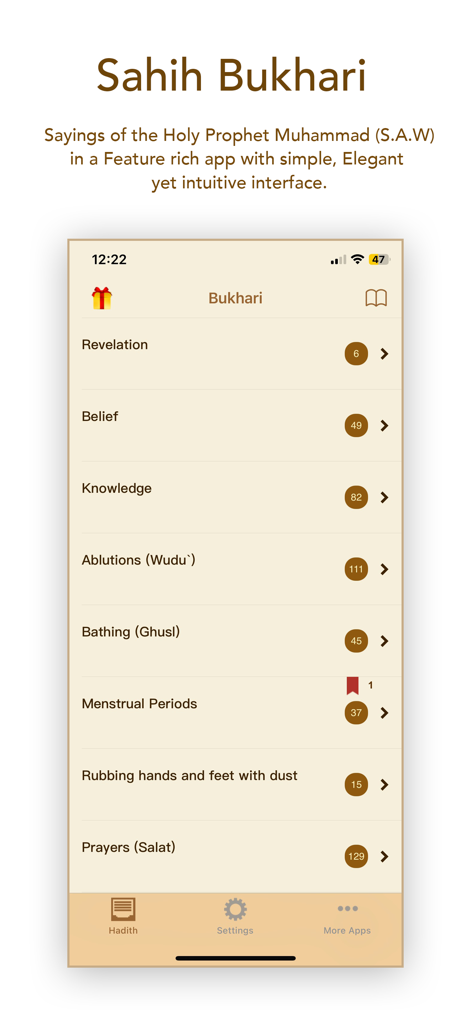 Menú principal de la aplicación Sahih Bukhari que muestra una lista de capítulos de Hadices, incluyendo Revelación, Creencia y Conocimiento.