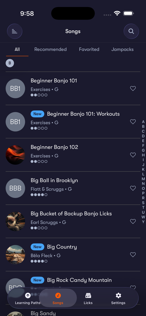 Tunefox - Tunefox app screen displaying a list of bluegrass banjo songs and beginner exercises