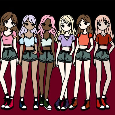 a group of girls wearing crop tops and shorts