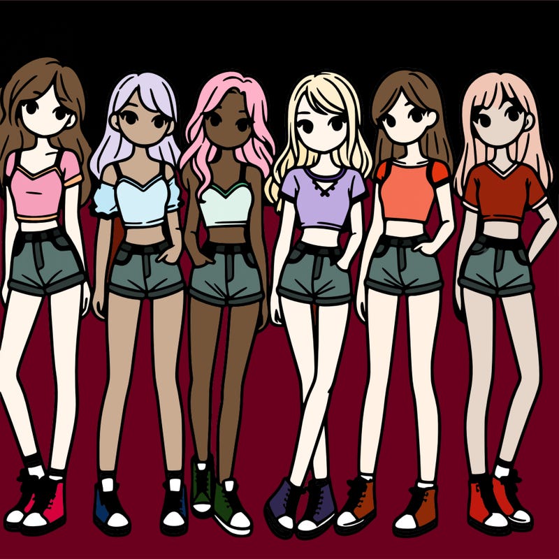 a group of girls wearing crop tops and shorts