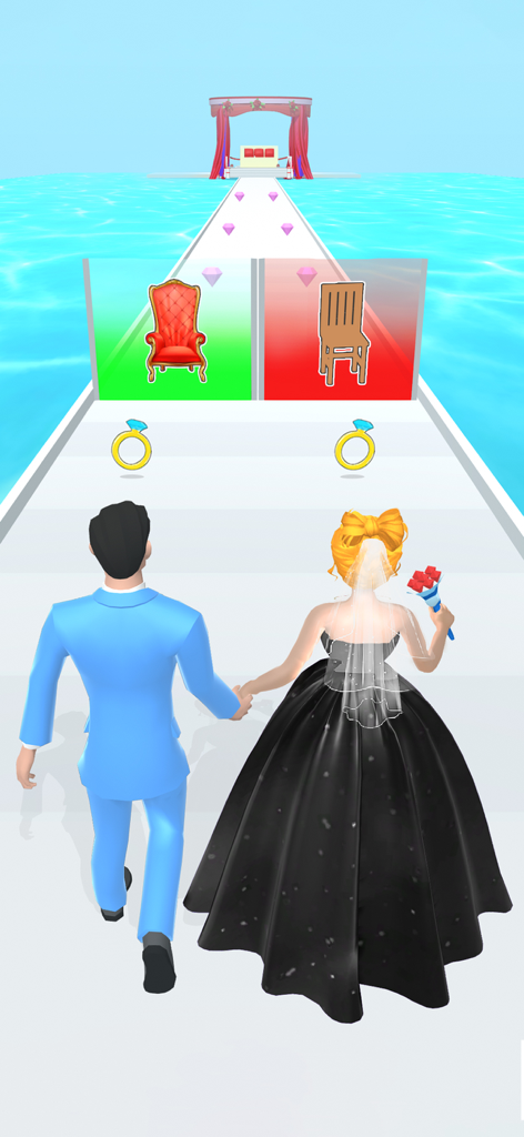 Bride Race & Outfit Makeover - モバイルゲームで、2つの異なる椅子の間の選択ゲートに向かってランウェイを歩く花嫁と新郎