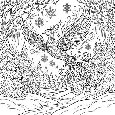 Embark on an ethereal journey with this captivating Spirit Phoenix coloring page set in a serene winter wonderland. Perfect for adults and teens, this intricate design combines mythical grace with frosty beauty, offering hours of relaxing creativity.
