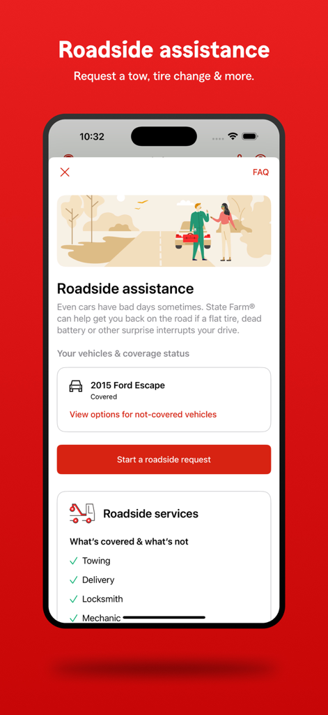 State Farm app interface for requesting roadside assistance including towing and locksmith services