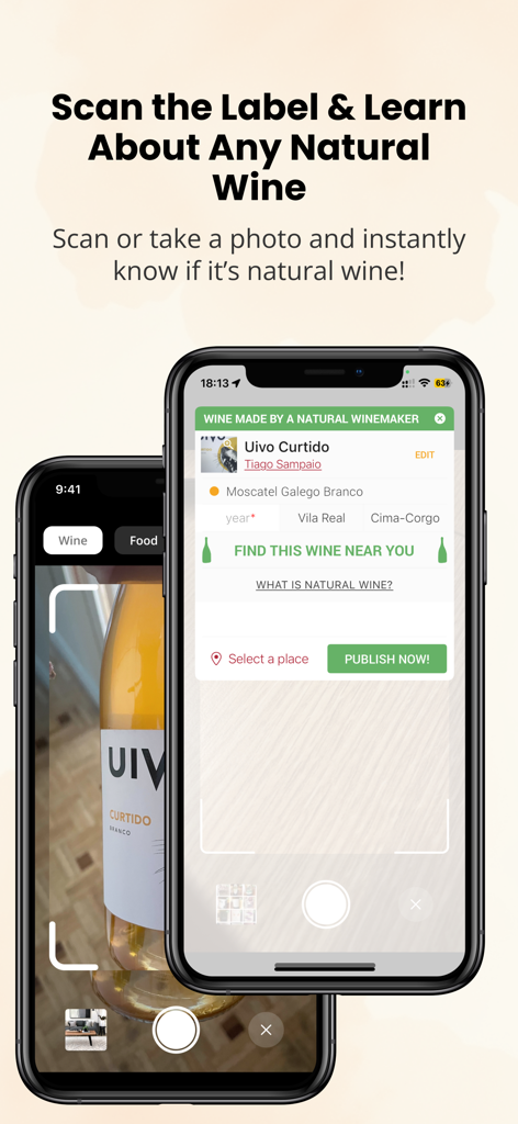Smartphone-Bildschirm, der zeigt, wie die Raisin-App ein Weinetikett scannt, um einen Naturwein zu identifizieren