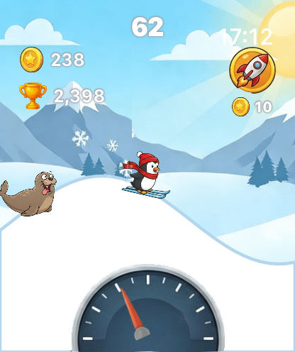 A penguin skiing on a snowy mountain escaping from a seal