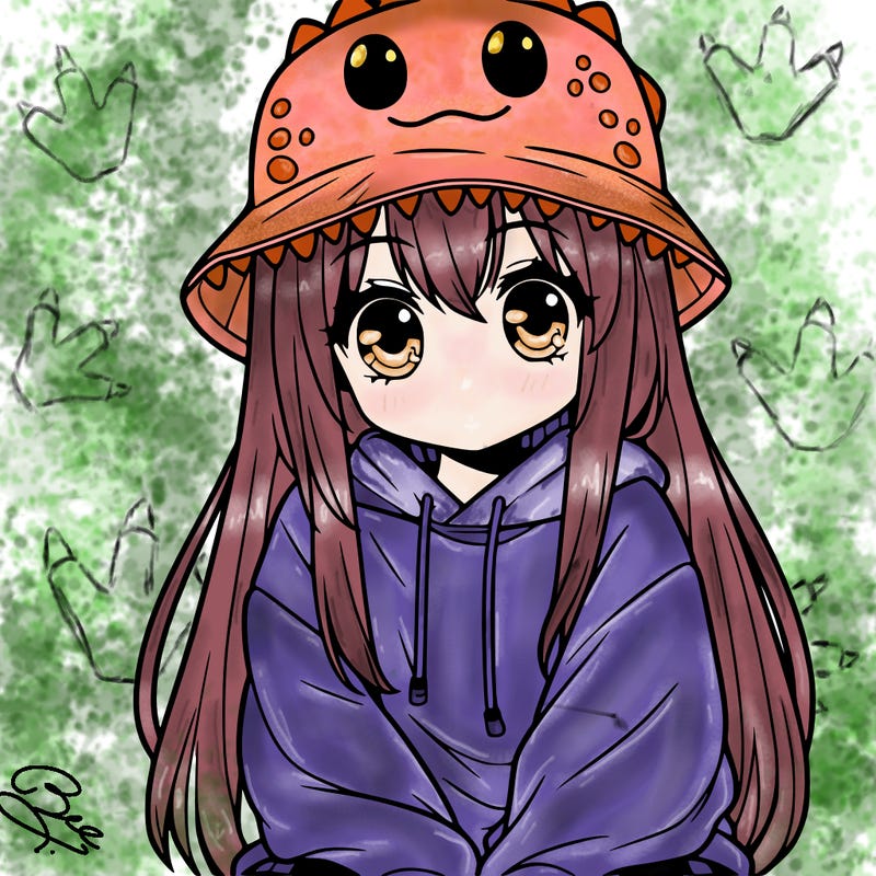 girl with anime shaped eyes with a dinosaur bucket hat oversized sweatshirt long straight hair
