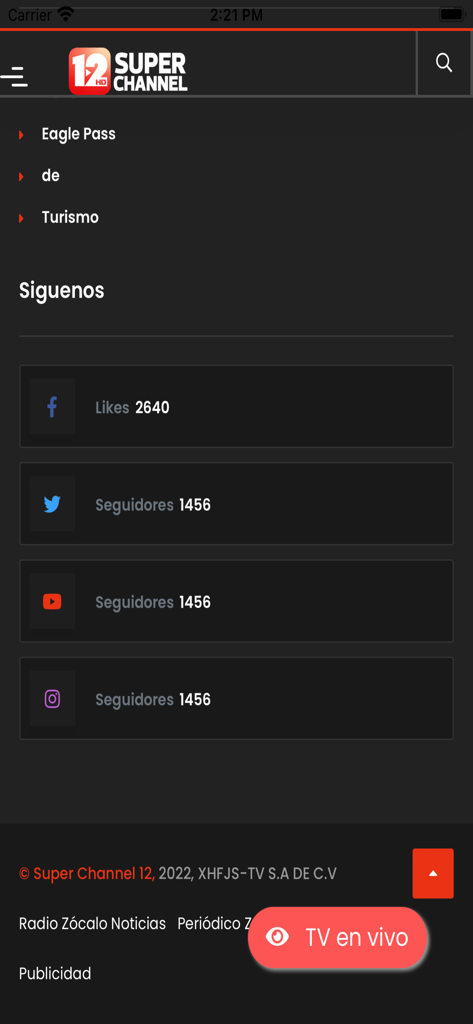 Super Channel 12 - Super Channel 12 news app interface showing social media follower counts and a live TV button