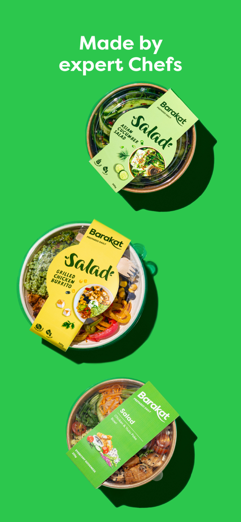 Barakat: Grocery Home Delivery - Tres ensaladas frescas preparadas de Barakat en cuencos sobre un fondo verde con el texto Hecho por Chefs Expertos