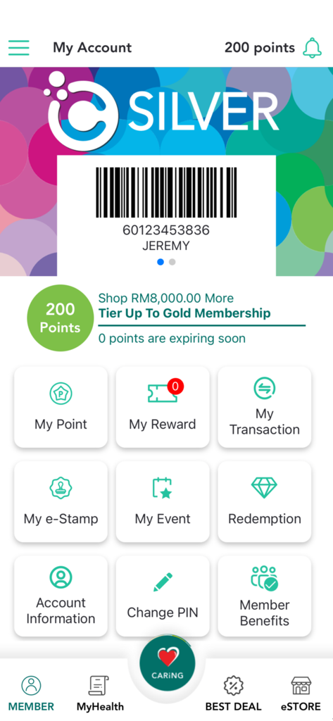 Caring Membership - Caring Membership app dashboard showing silver tier status barcode points balance and menu options